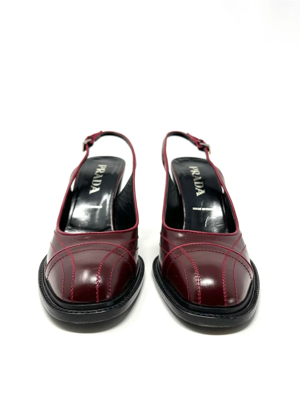 Vintage Vtg Prada 90s Y2K Burgundy Dark Red Leather Slingback Pumps Heels 38.5